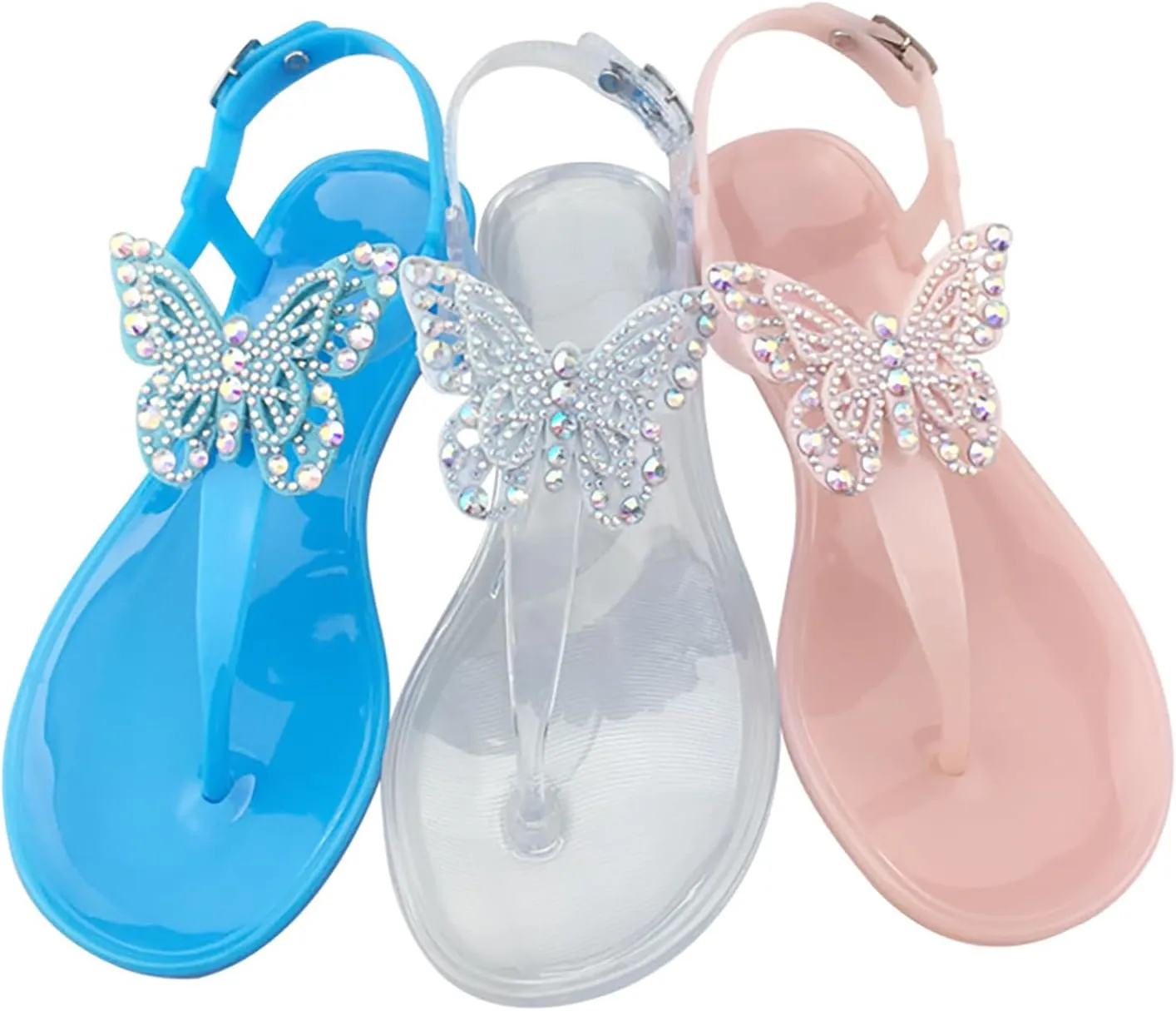 WENOREG Women's Rhinestone Bow Clear Flat Thong Sandals,Summer Fashion T-Strap Adjustable Ankle Buckle Comfortable Slip On Casual Beach Water Proof Jelly Flip Flop Shoes Sandals