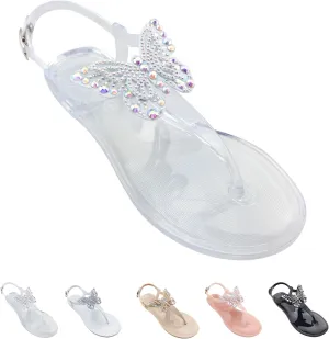 WENOREG Women's Rhinestone Bow Clear Flat Thong Sandals,Summer Fashion T-Strap Adjustable Ankle Buckle Comfortable Slip On Casual Beach Water Proof Jelly Flip Flop Shoes Sandals