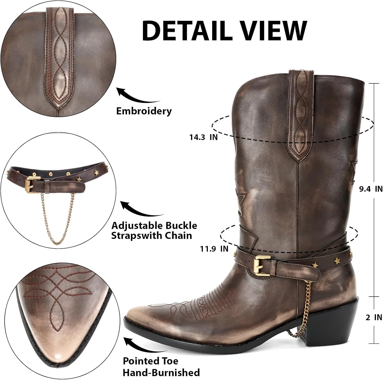 Western Cowboy Boots for Women, Mid Calf Cowgirl Boots with Classic Embroidered Stitched, Silp On Pointed Toe Chunky Heel Buckle Chain Pull On Western Riding Boots for Women