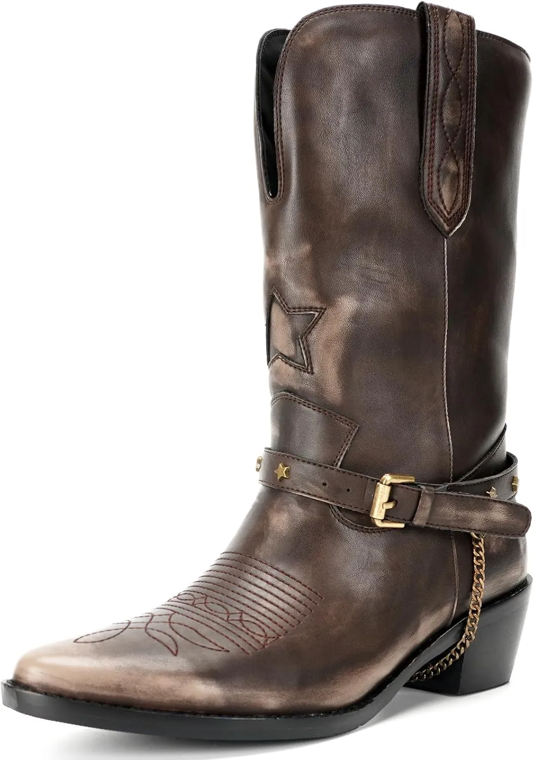 Western Cowboy Boots for Women, Mid Calf Cowgirl Boots with Classic Embroidered Stitched, Silp On Pointed Toe Chunky Heel Buckle Chain Pull On Western Riding Boots for Women