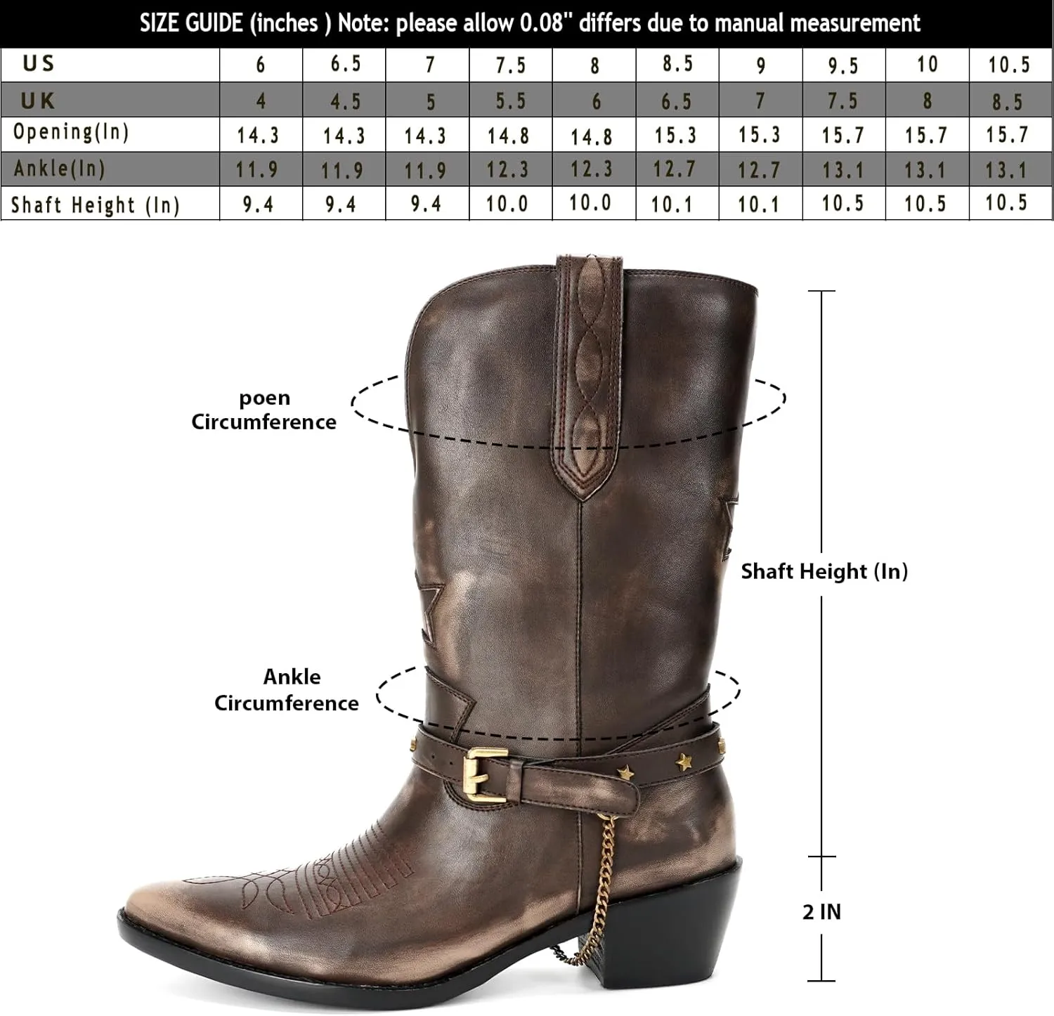 Western Cowboy Boots for Women, Mid Calf Cowgirl Boots with Classic Embroidered Stitched, Silp On Pointed Toe Chunky Heel Buckle Chain Pull On Western Riding Boots for Women