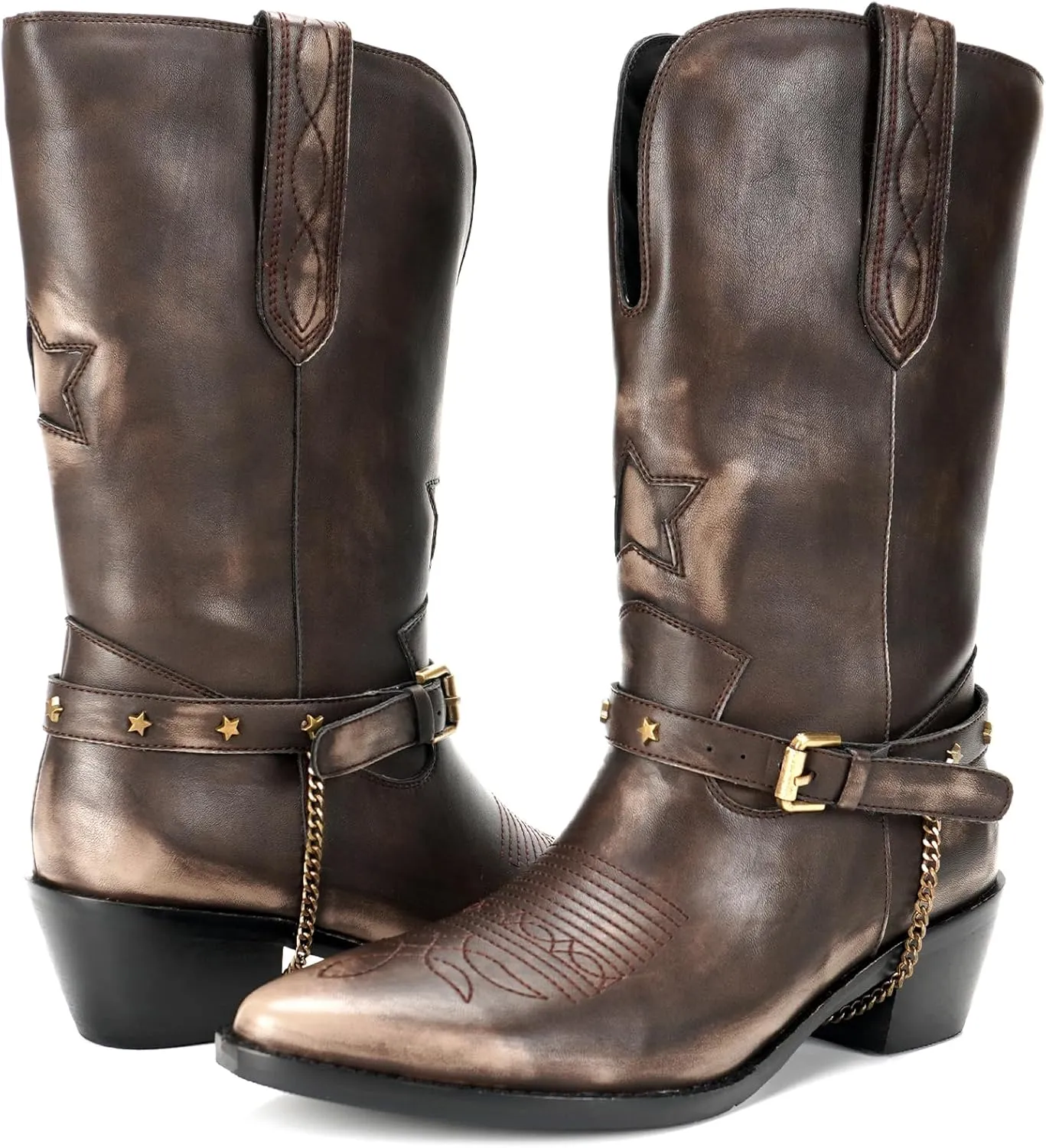 Western Cowboy Boots for Women, Mid Calf Cowgirl Boots with Classic Embroidered Stitched, Silp On Pointed Toe Chunky Heel Buckle Chain Pull On Western Riding Boots for Women