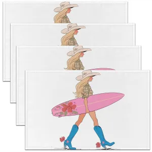 Western Cowgirl Placemats Set of 4,Cowgirl Boots Surfboard Summer Beach Table Place Mats for Girls Boys,Flowers Rustic Lake House Cabin Pink Chic Placemat Kitchen Table Decoration 12"x18"
