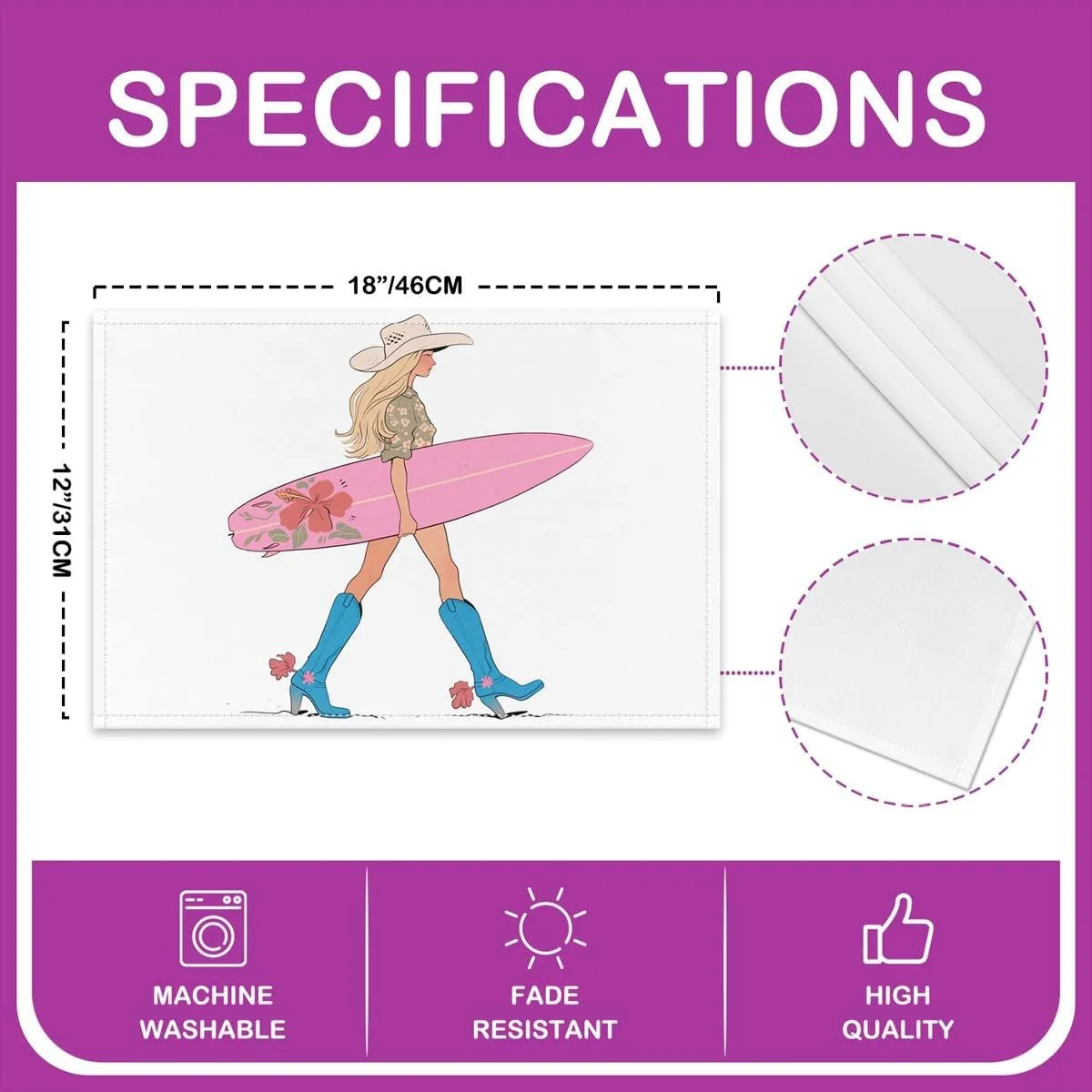 Western Cowgirl Placemats Set of 4,Cowgirl Boots Surfboard Summer Beach Table Place Mats for Girls Boys,Flowers Rustic Lake House Cabin Pink Chic Placemat Kitchen Table Decoration 12"x18"