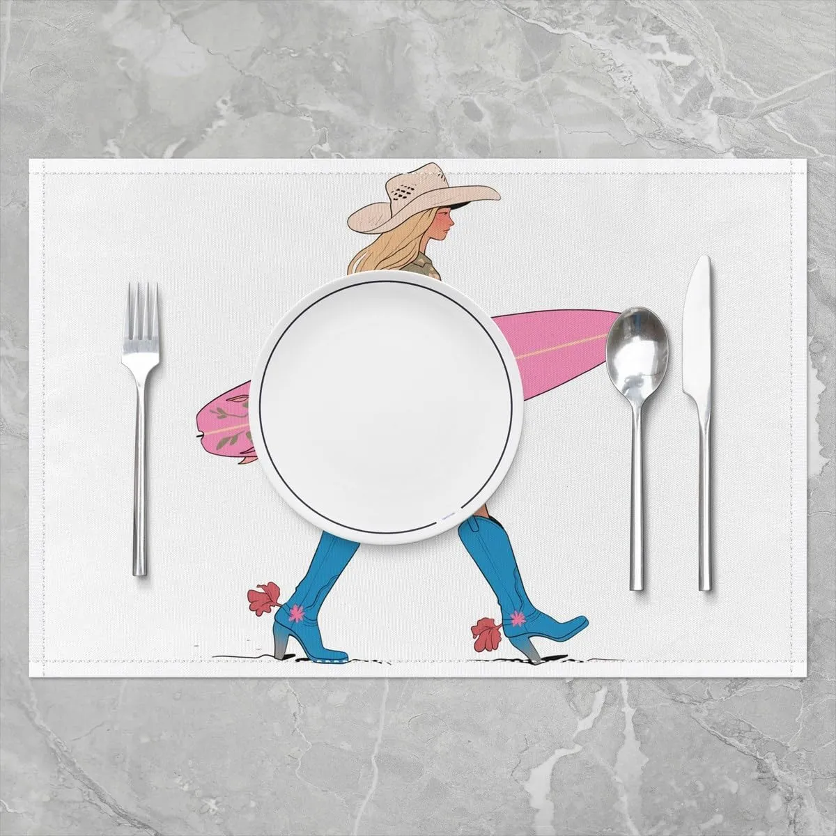 Western Cowgirl Placemats Set of 4,Cowgirl Boots Surfboard Summer Beach Table Place Mats for Girls Boys,Flowers Rustic Lake House Cabin Pink Chic Placemat Kitchen Table Decoration 12"x18"