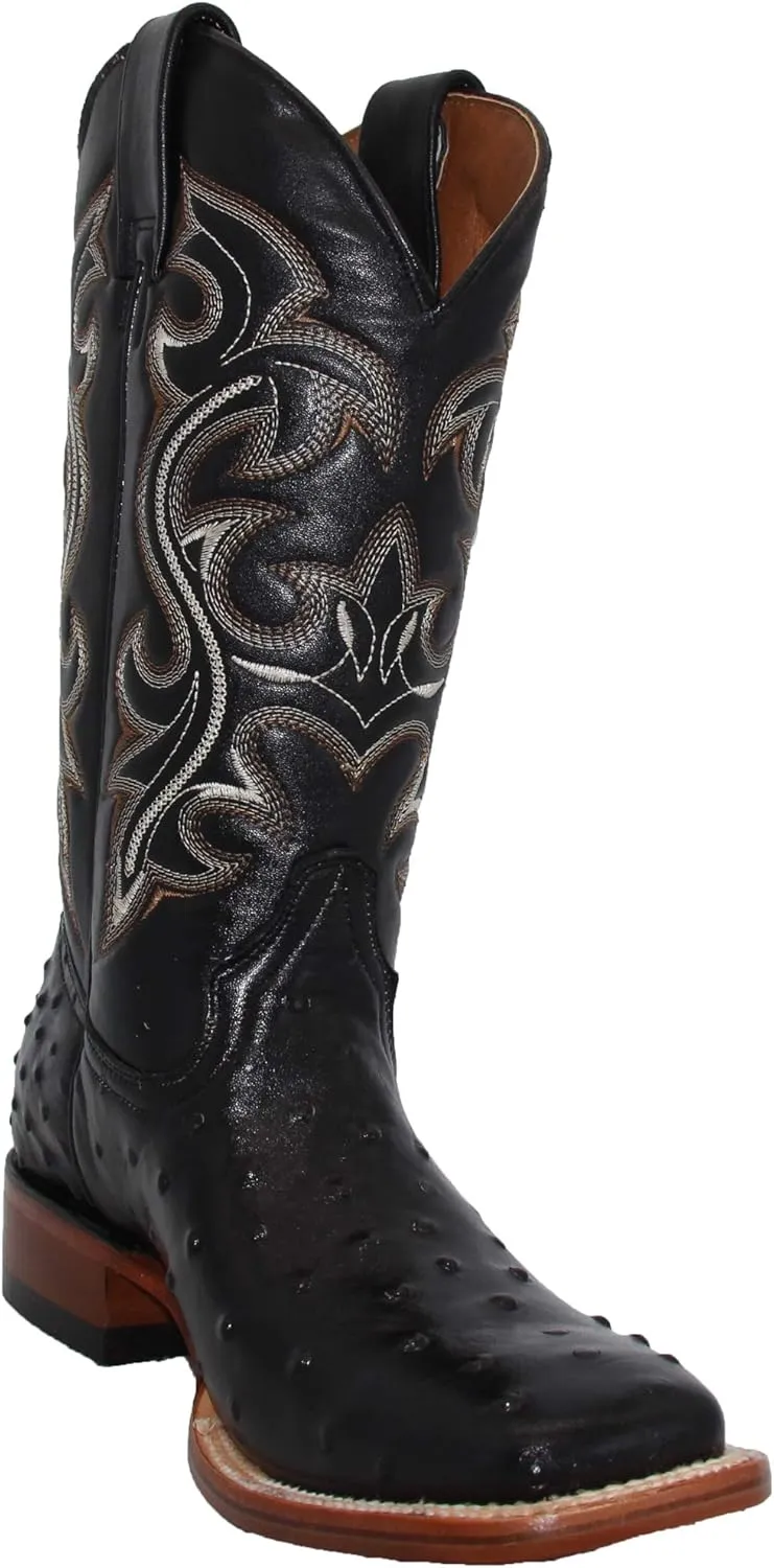 Western Shops Mens Genuine Cowhide Leather Quill Ostrich Print Western Cowboy Square Toe Rodeo Boots