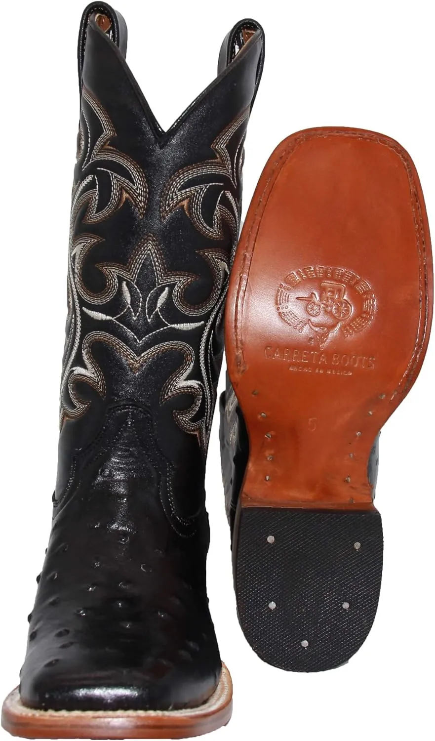 Western Shops Mens Genuine Cowhide Leather Quill Ostrich Print Western Cowboy Square Toe Rodeo Boots