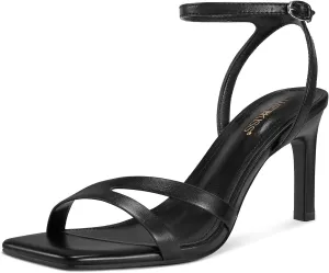 wetkiss Black Heels for Women Square Open Toe Strappy High Heels with Buckle Ankle Strap Heeled Sandals Womens Party Wedding Daily Sexy Party (Black Size7)