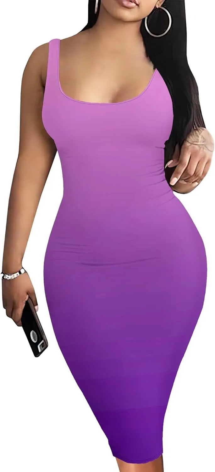 Women Casual Tank Top Sexy Bodycon Dress Summer Beach Pencil Sleeveless Basic Solid Color Cocktail Club Midi Dresses