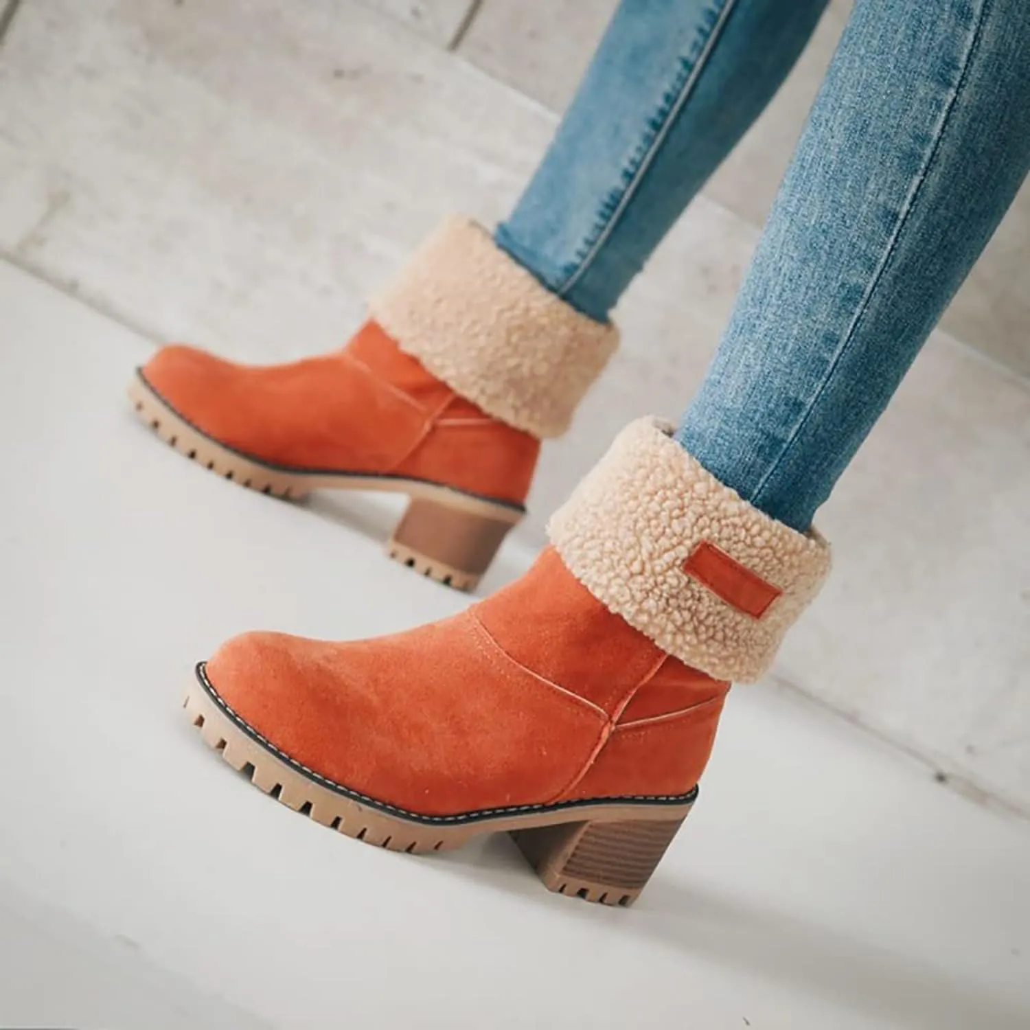 Women Cute Warm Short Boots Women's Winter Snow Fleece Suede Chunky Mid Heel Round Toe Ankle Booties