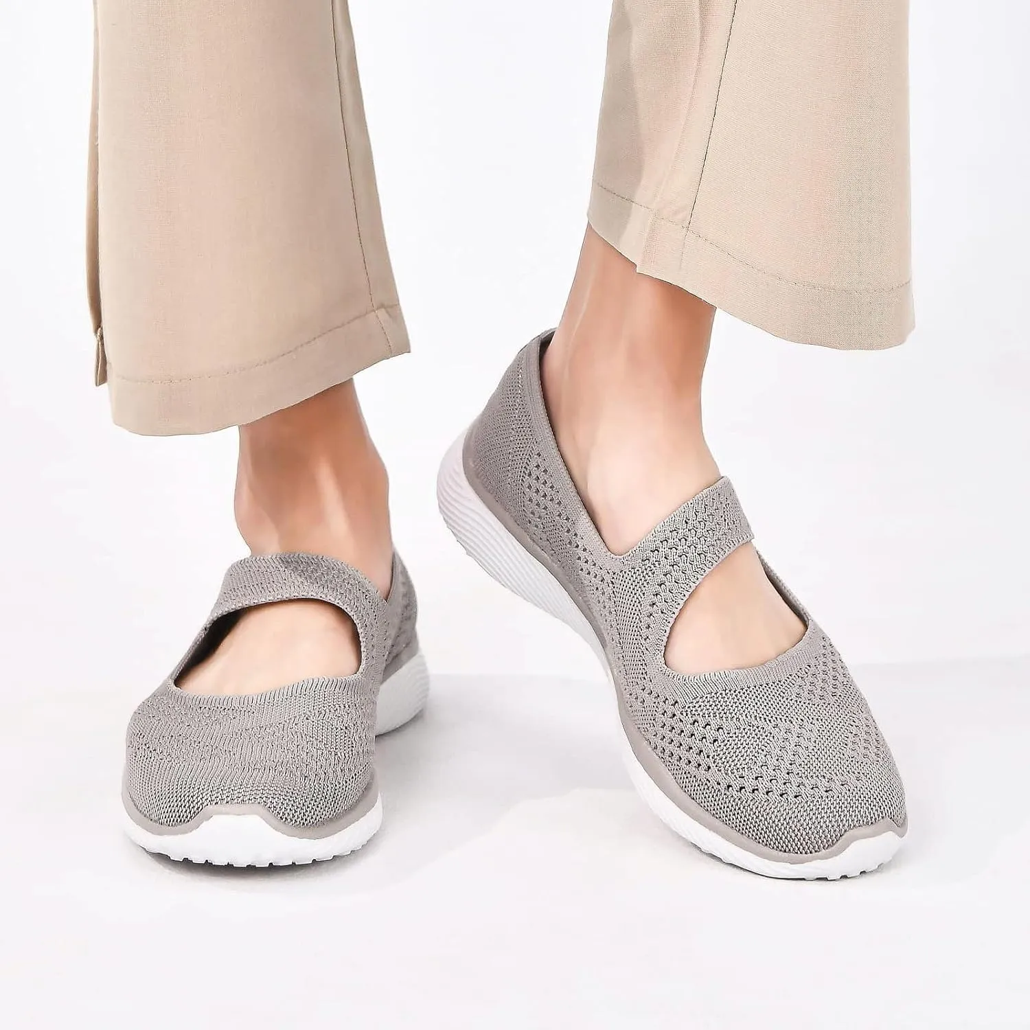 Women Mary Jane Shoes Slip On Walking Flats Comfortable Dressy Knit Washable Casual Nurse Shoe with Arch Support