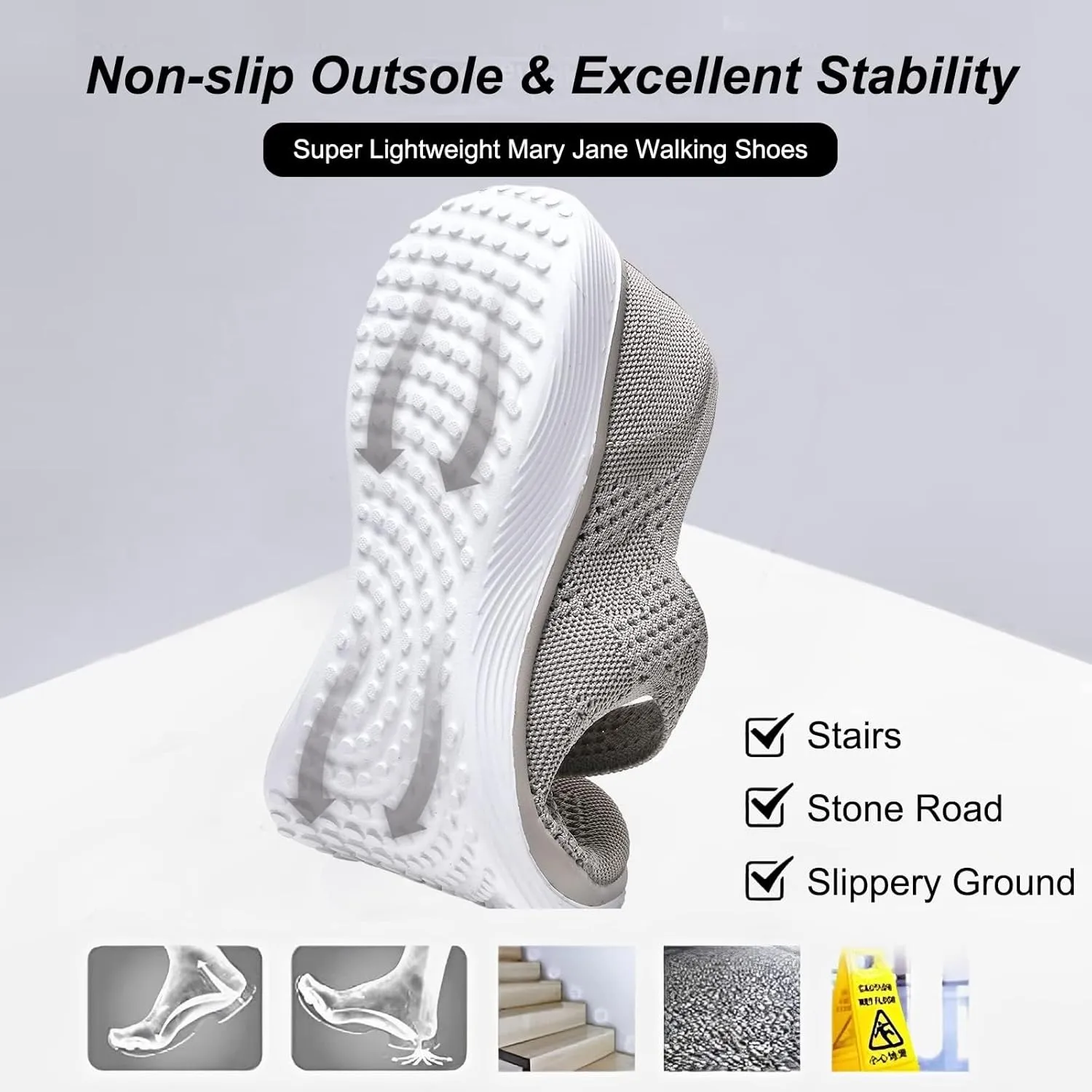 Women Mary Jane Shoes Slip On Walking Flats Comfortable Dressy Knit Washable Casual Nurse Shoe with Arch Support