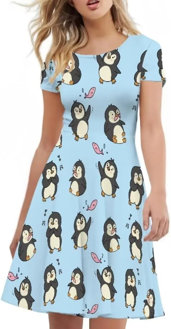 Women Short Sleeve Crew Neck Dresses Cute Graphic Summer Hawaiian Dress for Beach Party