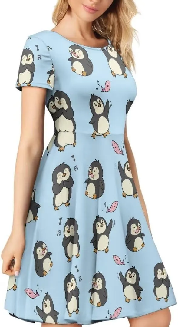 Women Short Sleeve Crew Neck Dresses Cute Graphic Summer Hawaiian Dress for Beach Party
