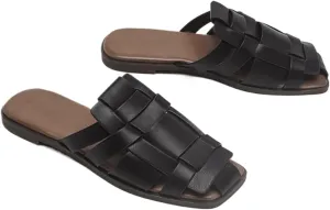 Women Square Toe Braided Flat Sandals Dressy Slides,Trendy Comfy Leather Closed Toe Vacation Sandals Mules