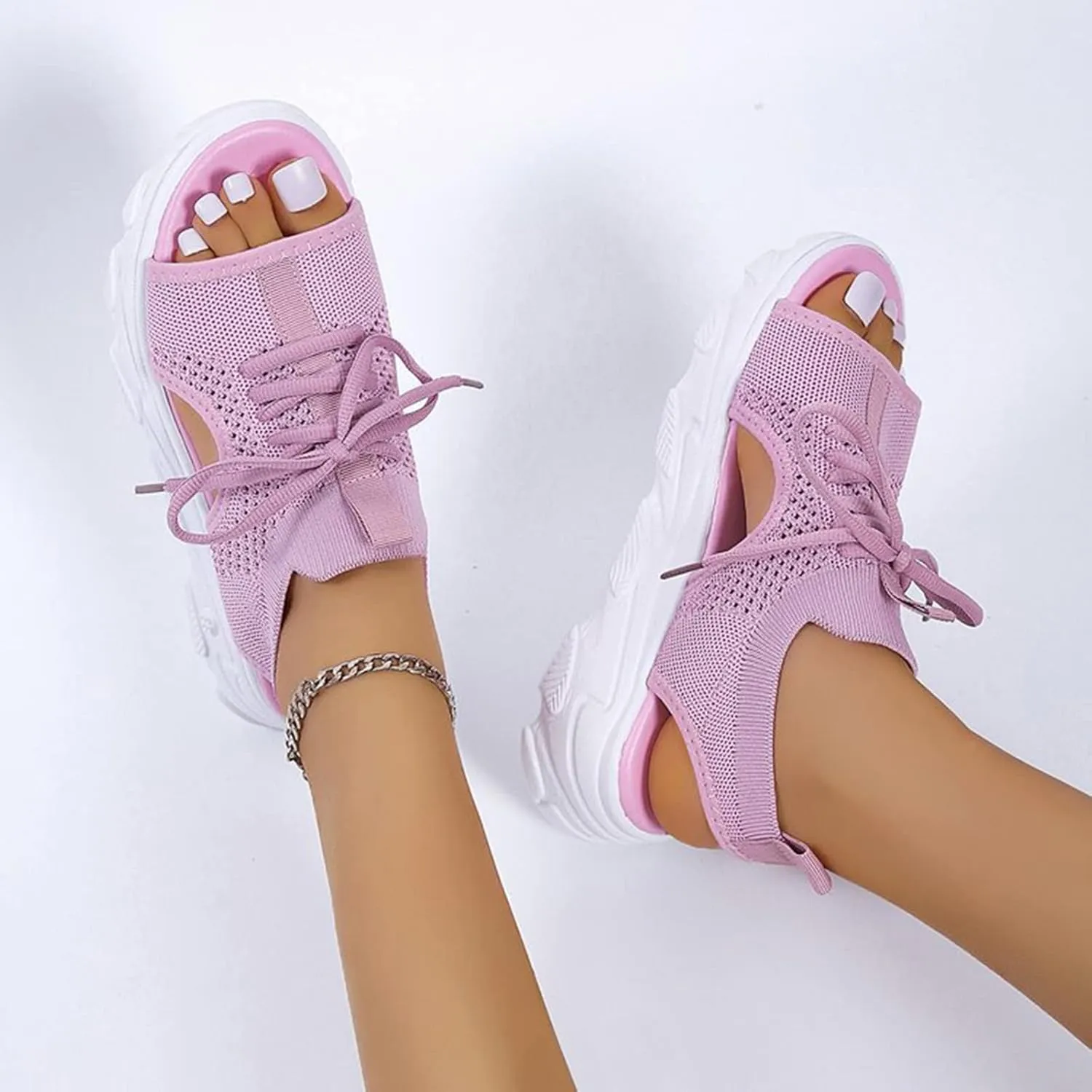 Women Summer Athletic Shoes Sandals Mesh Casual Thick Soled Lace Up Sandals Open Toe Beach Shoes Wedge Sandals for Women