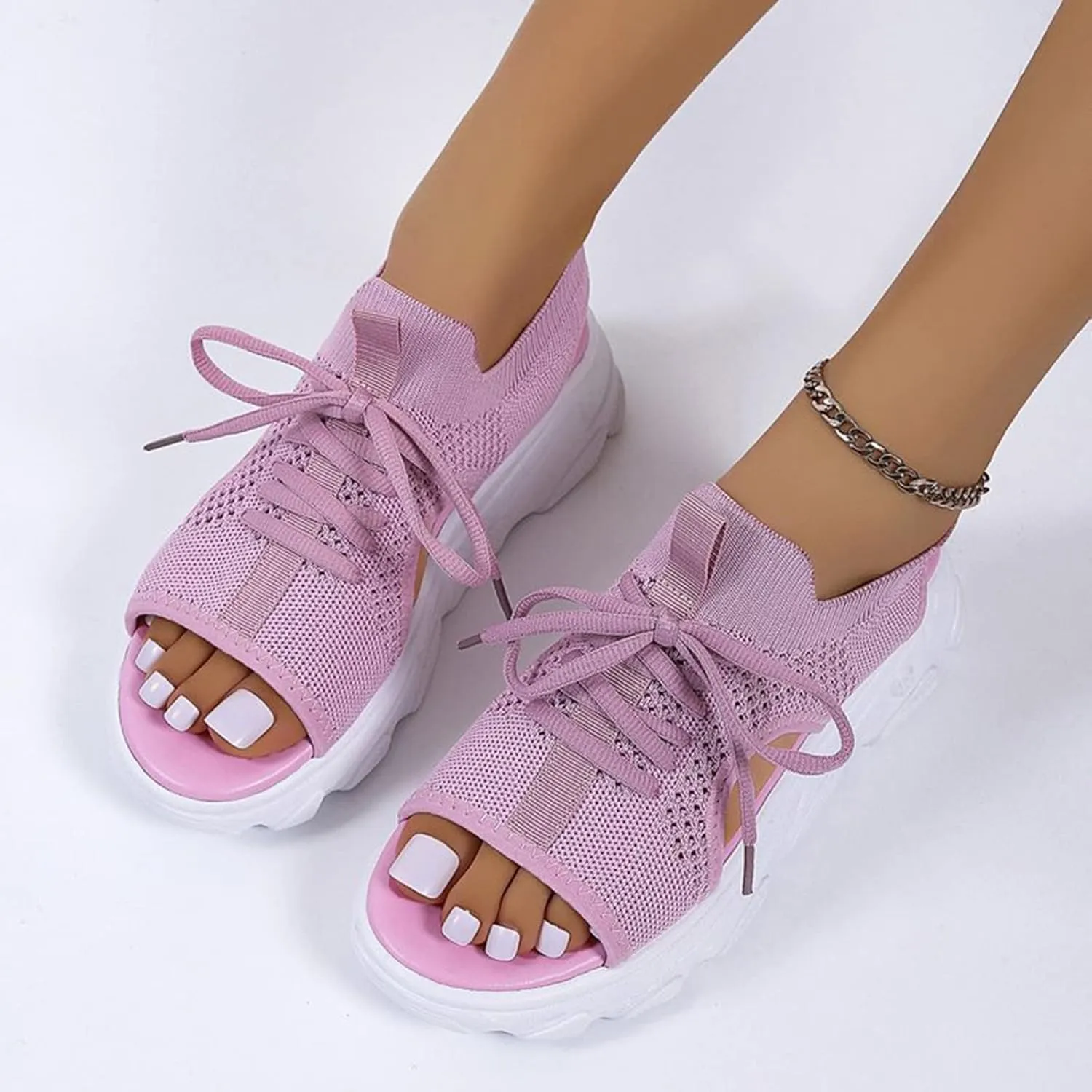 Women Summer Athletic Shoes Sandals Mesh Casual Thick Soled Lace Up Sandals Open Toe Beach Shoes Wedge Sandals for Women