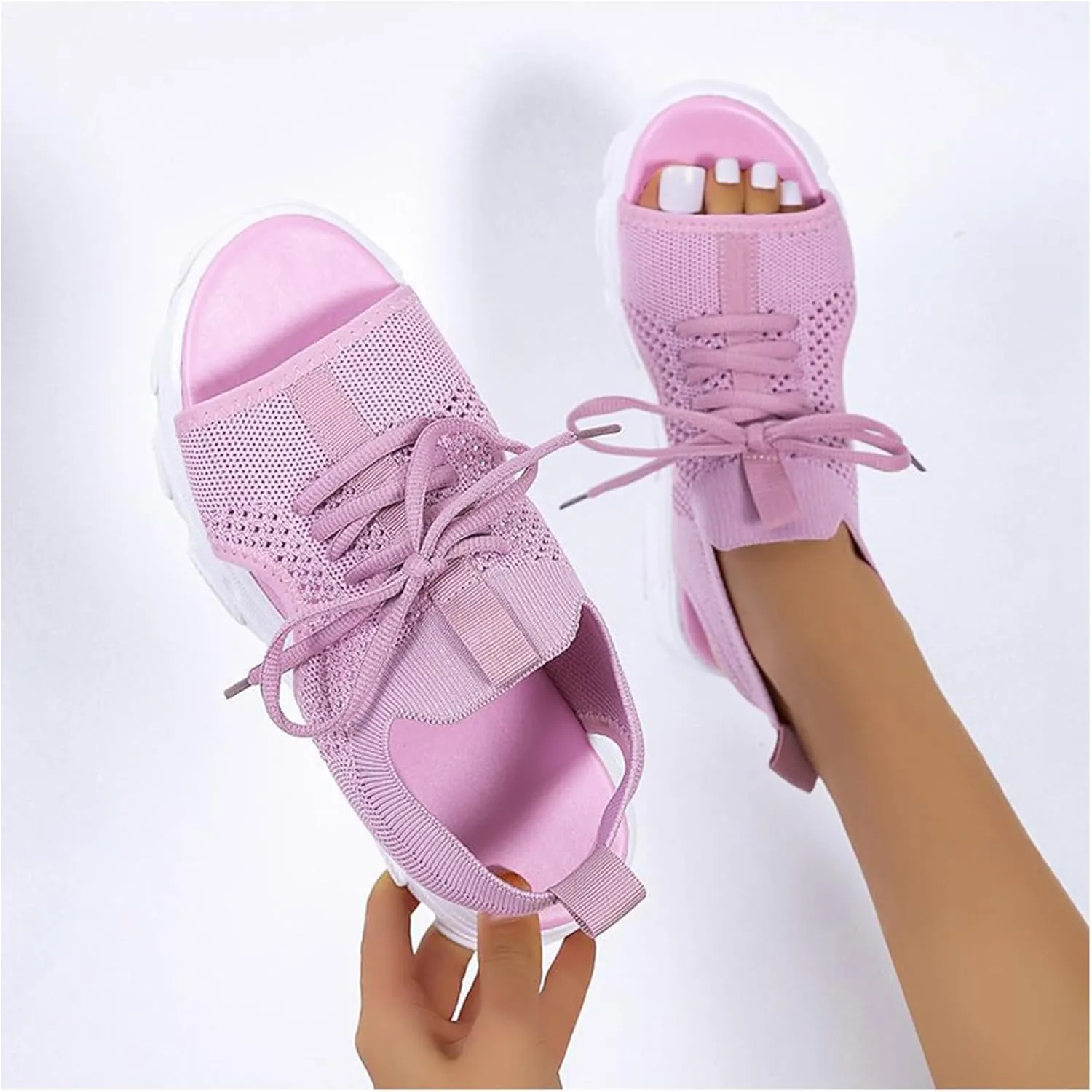 Women Summer Athletic Shoes Sandals Mesh Casual Thick Soled Lace Up Sandals Open Toe Beach Shoes Wedge Sandals for Women