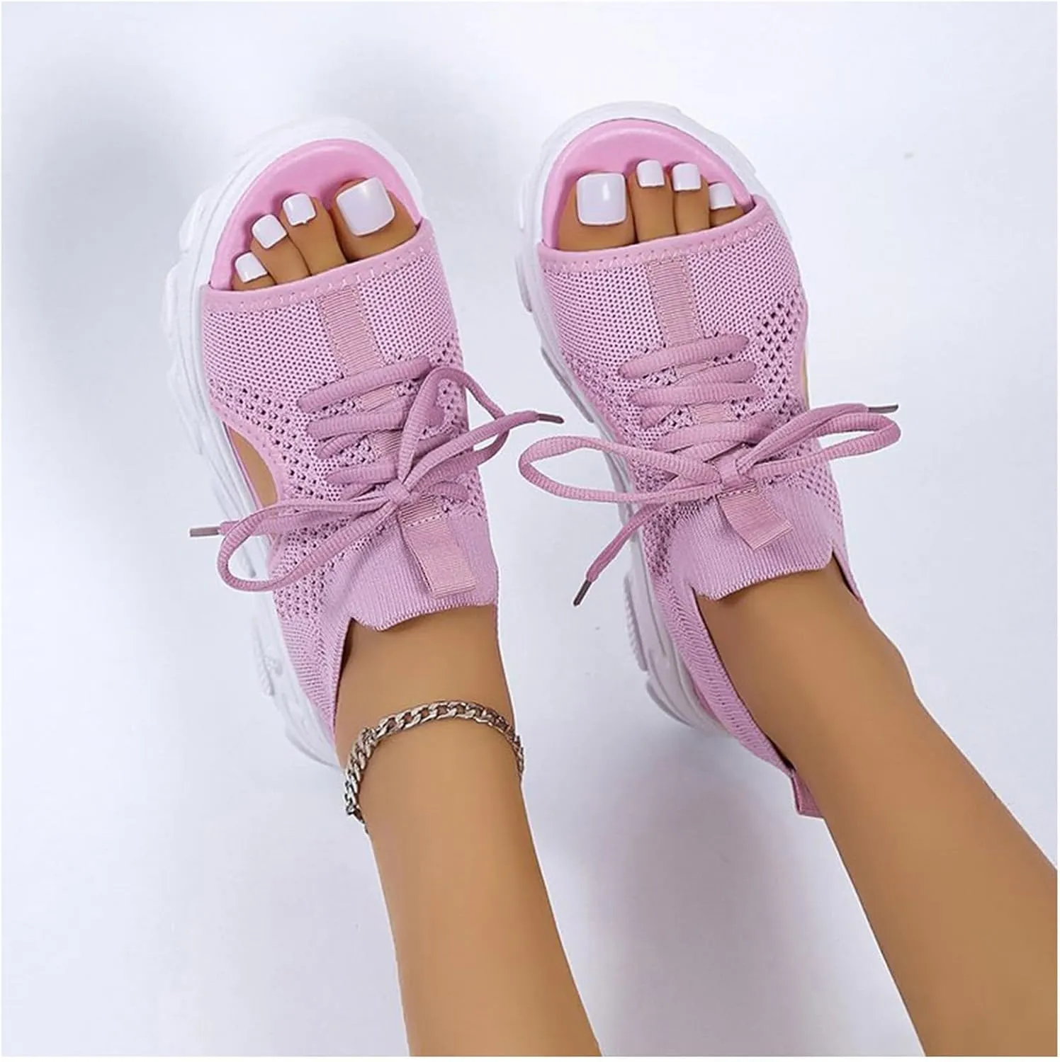 Women Summer Athletic Shoes Sandals Mesh Casual Thick Soled Lace Up Sandals Open Toe Beach Shoes Wedge Sandals for Women