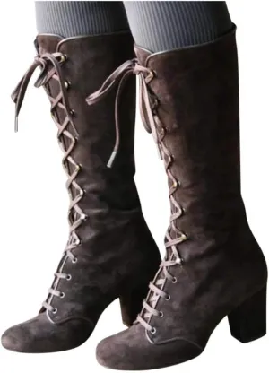 Women Vintage Victorian Gothic Mid Calf Height Boots Casual Lace up Thick High Heels Booties Winter Warm Shoes