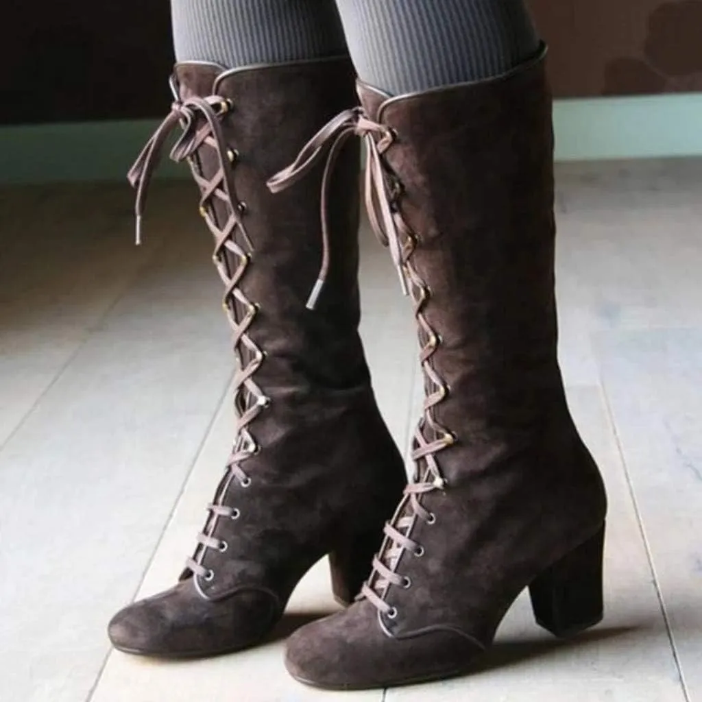 Women Vintage Victorian Gothic Mid Calf Height Boots Casual Lace up Thick High Heels Booties Winter Warm Shoes