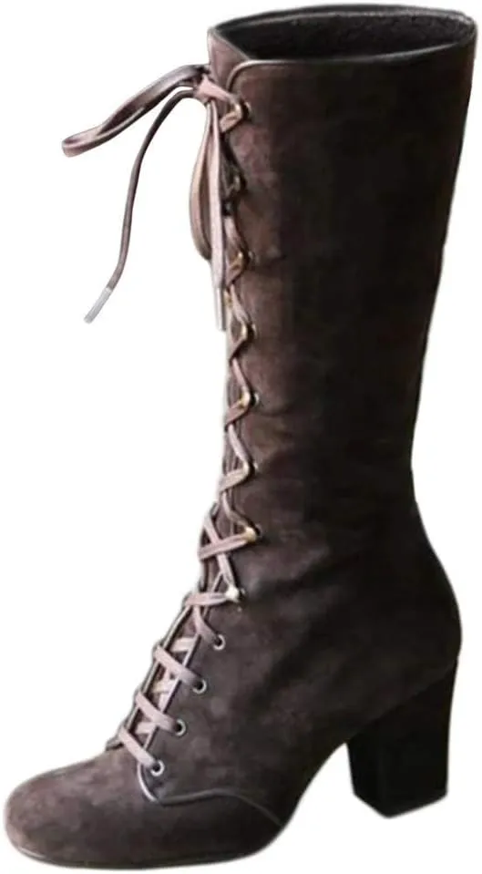 Women Vintage Victorian Gothic Mid Calf Height Boots Casual Lace up Thick High Heels Booties Winter Warm Shoes