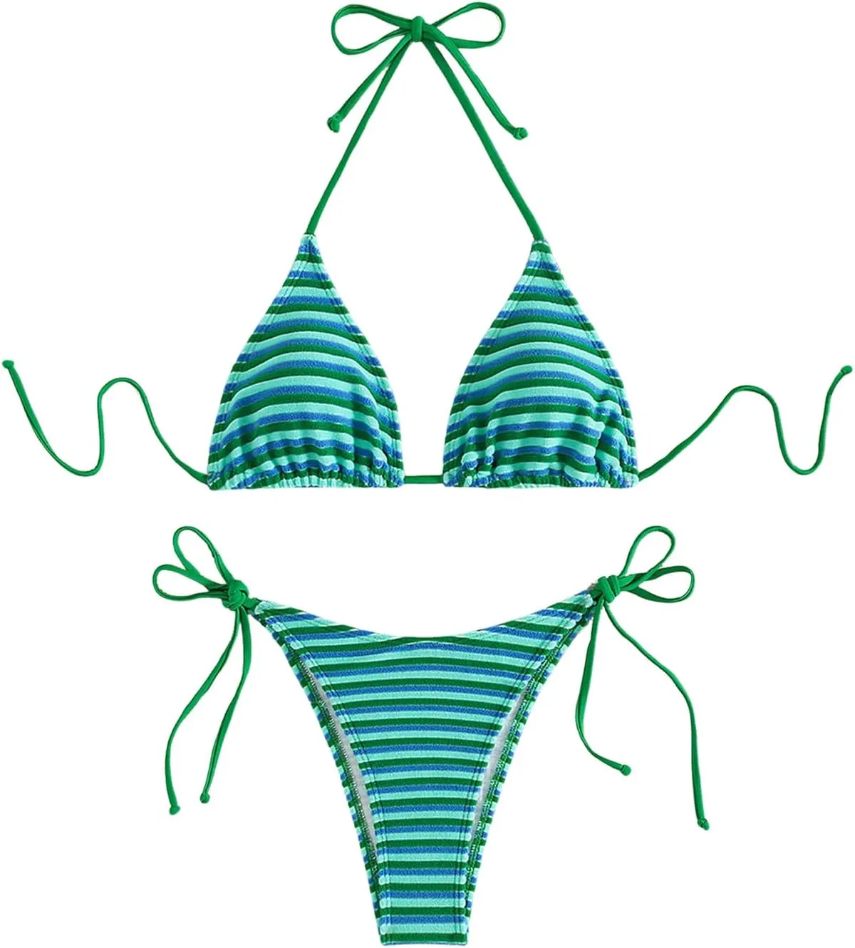 Women's 2 Piece Bikini Sets Halter Tie Side Triangle Swimsuit Striped Bathing Suit