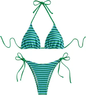 Women's 2 Piece Bikini Sets Halter Tie Side Triangle Swimsuit Striped Bathing Suit