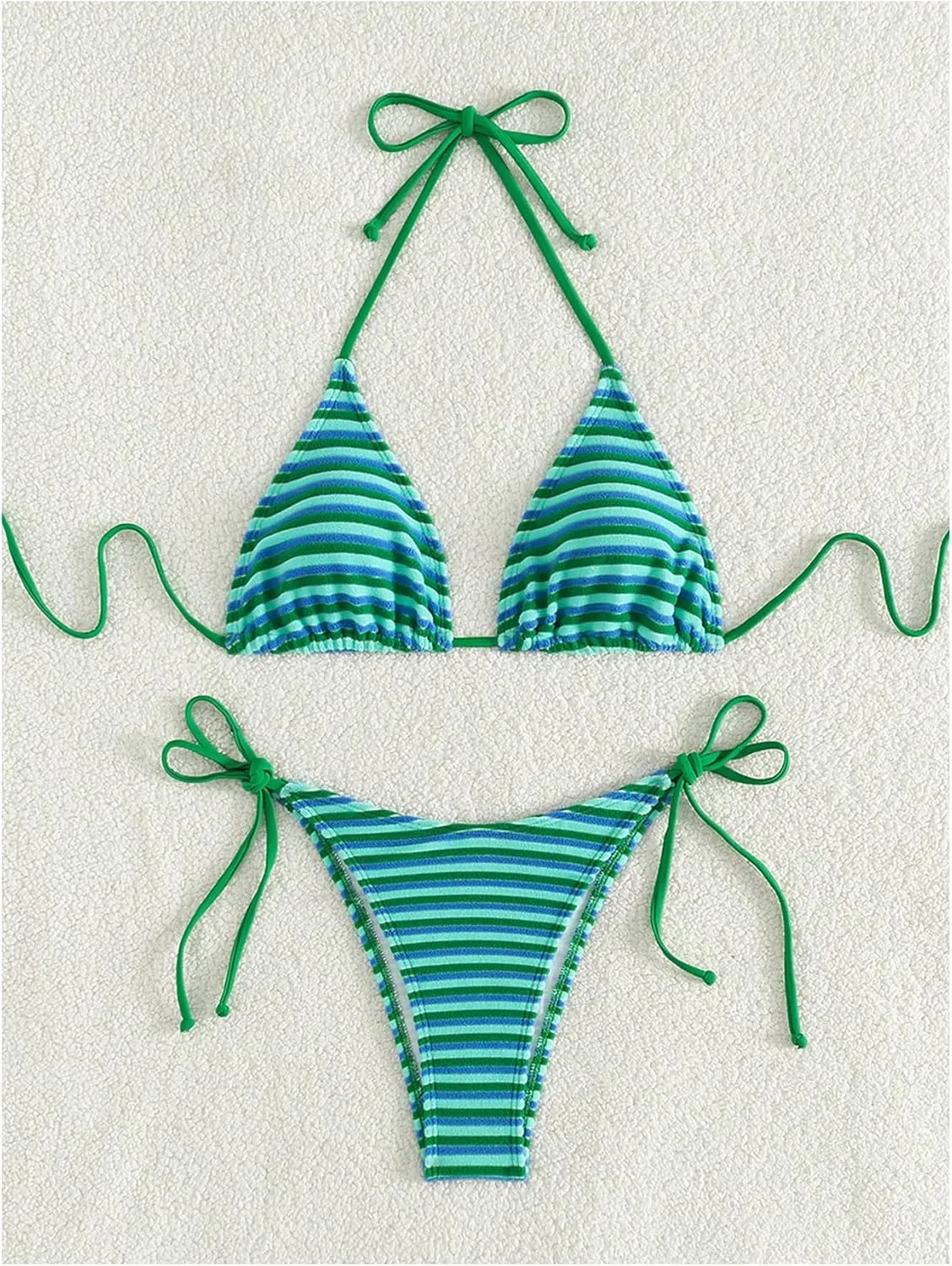 Women's 2 Piece Bikini Sets Halter Tie Side Triangle Swimsuit Striped Bathing Suit
