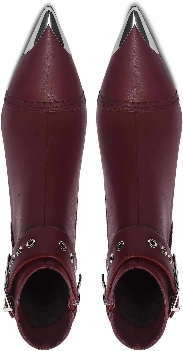 Women's Ankel Booties Metal Pointed Toe High Stilettos Heels Short Boots Belt Buckle Slide Zipper Trendey Show Dress Boots