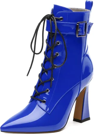Women's Ankle Boots, Pointed Toe Lace up High Heel Booties, Side Zipper Fashion Solid Short Boot for Women