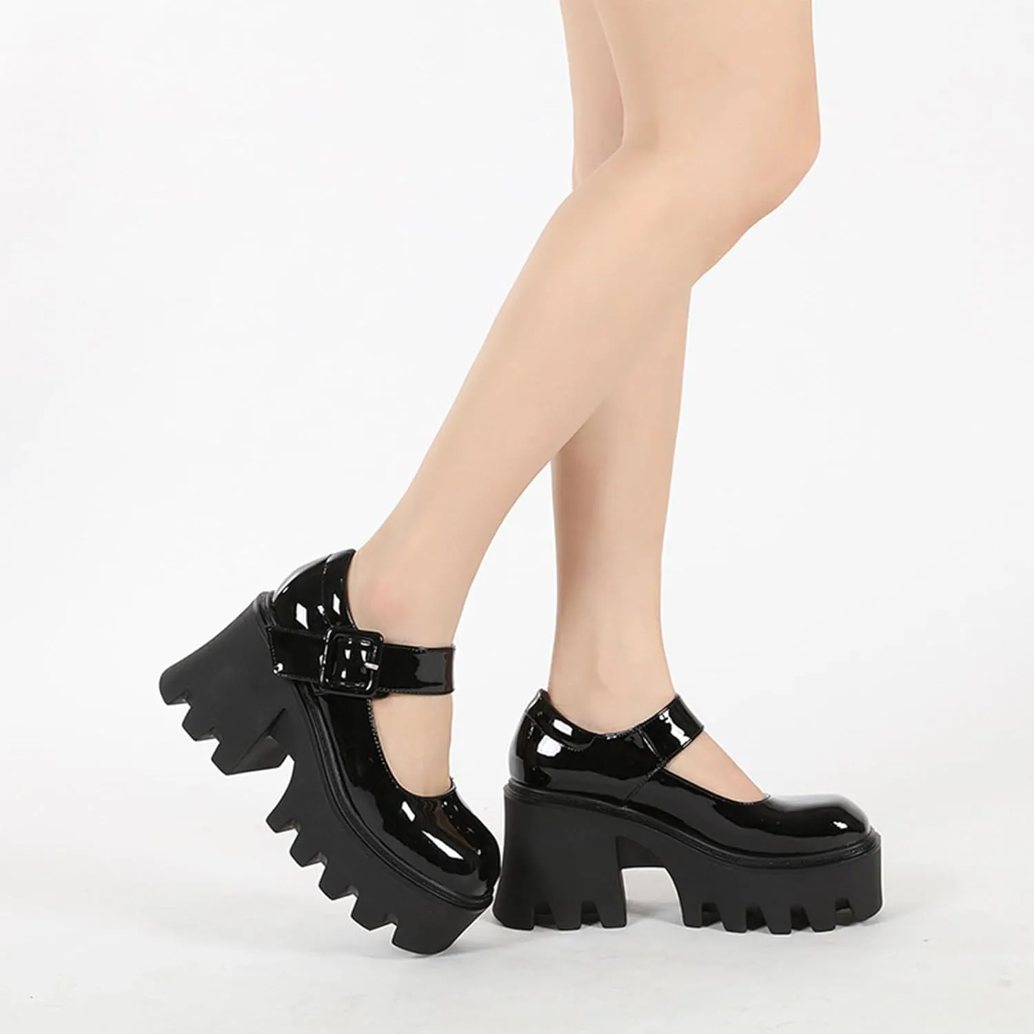 Women's Black Leather Platform Wedge Heel Mary Jane Shoes Retro Round Toe Lacquered Adjustable Buckle Non-Slip Chunky Height-Enhancing Gothic High Heels Suitable for Party Dances