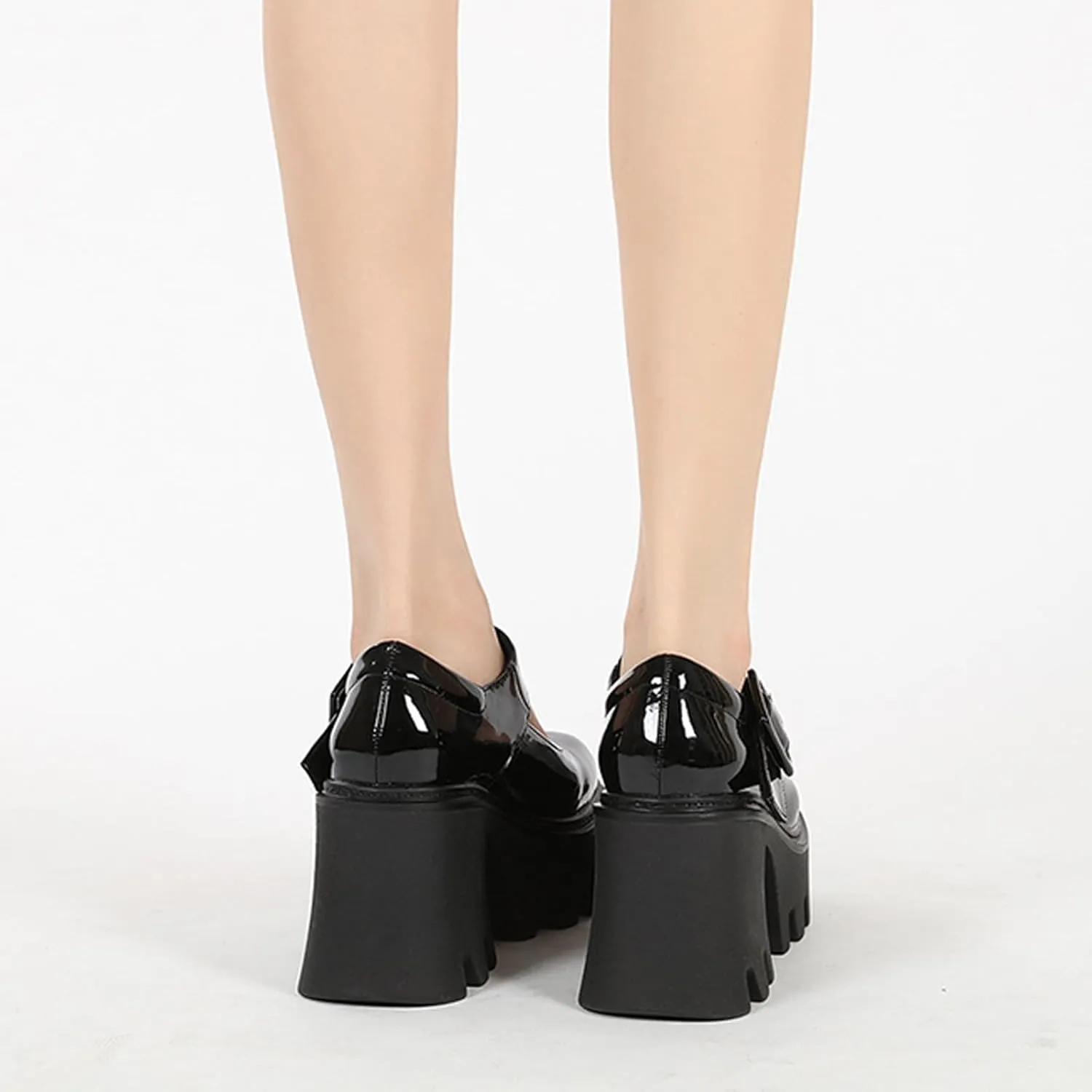 Women's Black Leather Platform Wedge Heel Mary Jane Shoes Retro Round Toe Lacquered Adjustable Buckle Non-Slip Chunky Height-Enhancing Gothic High Heels Suitable for Party Dances