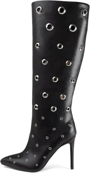 Women's Black Studded Knee High Boots Leather Boots Eyelet Decorated Pointed Toe Stiletto Heel Long Boots for Fashion Outfits Party Boots Fall Boots 2024