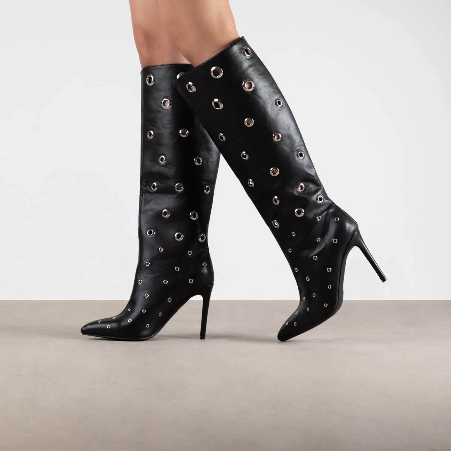 Women's Black Studded Knee High Boots Leather Boots Eyelet Decorated Pointed Toe Stiletto Heel Long Boots for Fashion Outfits Party Boots Fall Boots 2024