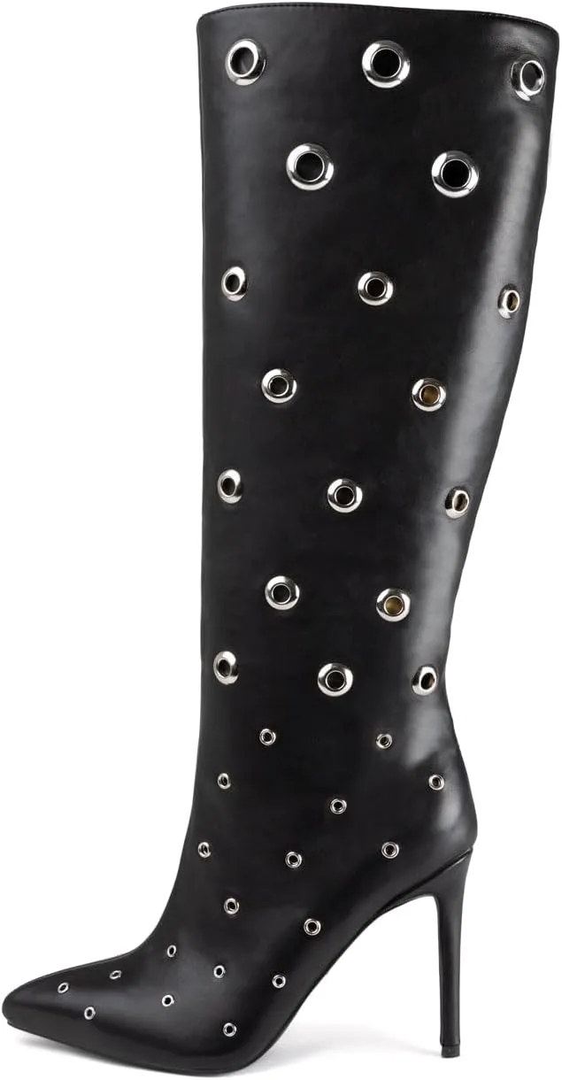 Women's Black Studded Knee High Boots Leather Boots Eyelet Decorated Pointed Toe Stiletto Heel Long Boots for Fashion Outfits Party Boots Fall Boots 2024