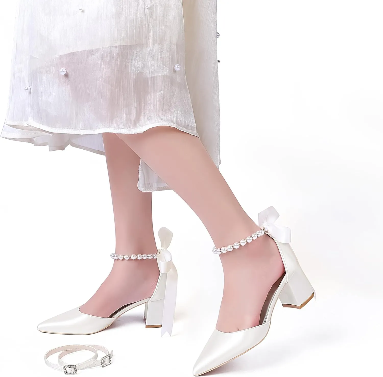 Women's Block Heels Satin Bridal Wedding Shoes CG2102-01 Pointed Toe Ankle Strap Court Shoes 2.36in/6cm