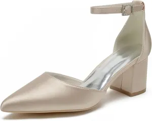 Women's Block Heels Satin Bridal Wedding Shoes CG2102-01 Pointed Toe Ankle Strap Court Shoes 2.36in/6cm