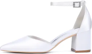 Women's Block Heels Satin Bridal Wedding Shoes CG2102-01 Pointed Toe Ankle Strap Court Shoes 2.36in/6cm