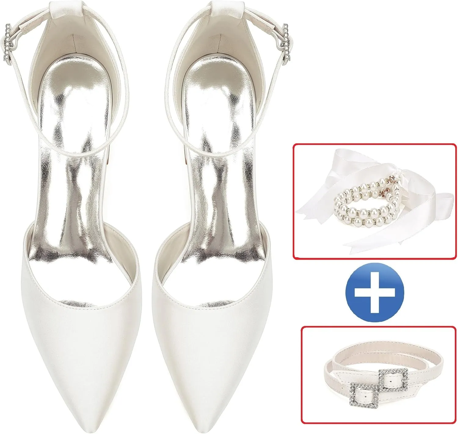 Women's Block Heels Satin Bridal Wedding Shoes CG2102-01 Pointed Toe Ankle Strap Court Shoes 2.36in/6cm