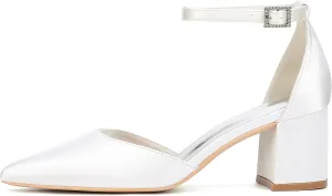 Women's Block Heels Satin Bridal Wedding Shoes CG2102-01 Pointed Toe Ankle Strap Court Shoes 2.36in/6cm