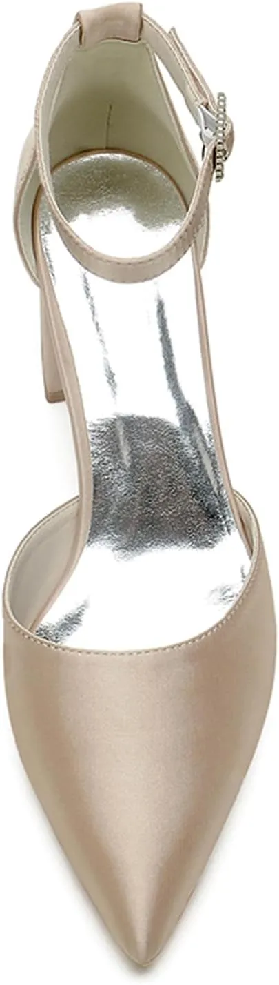 Women's Block Heels Satin Bridal Wedding Shoes CG2102-01 Pointed Toe Ankle Strap Court Shoes 2.36in/6cm