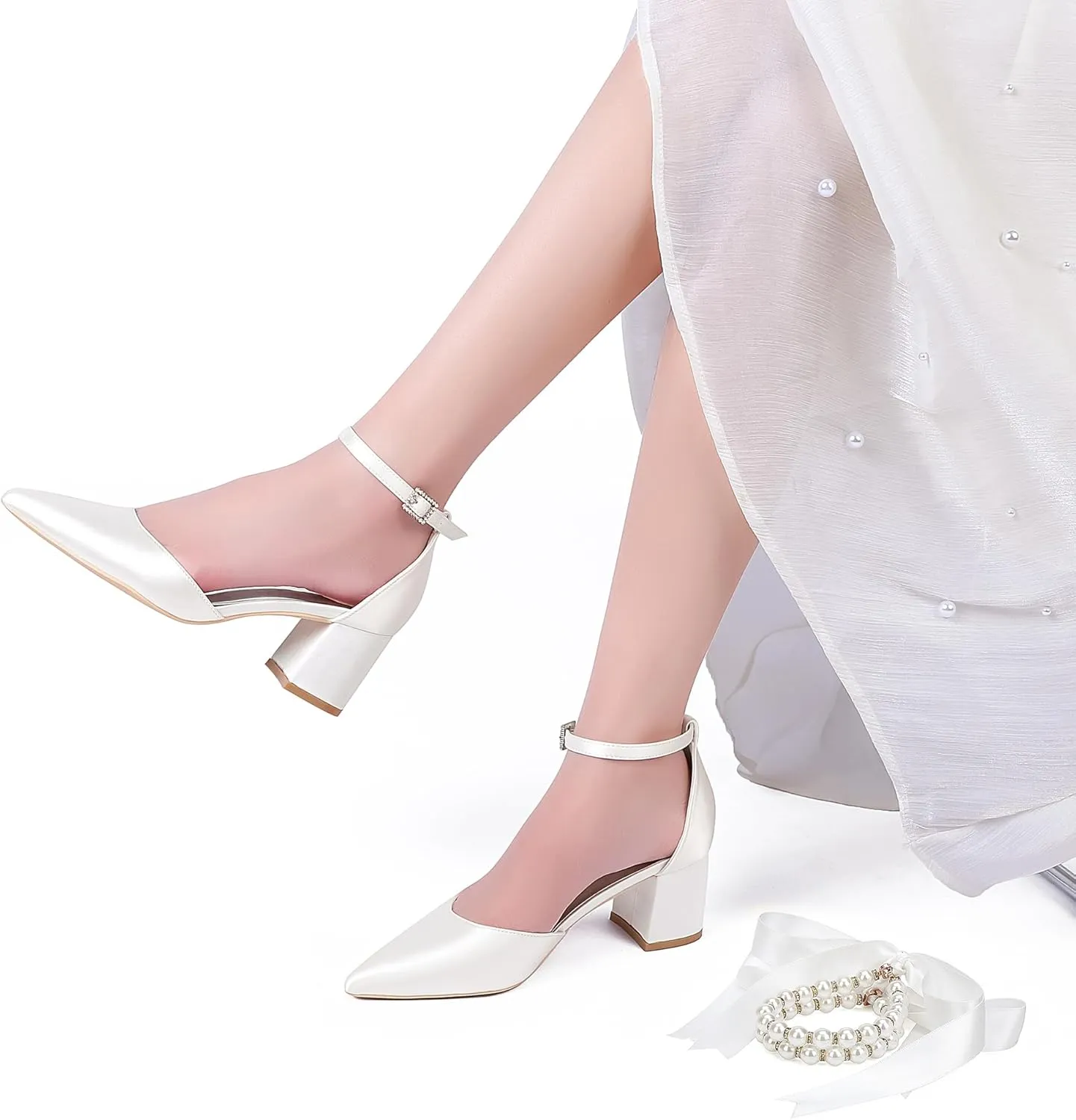 Women's Block Heels Satin Bridal Wedding Shoes CG2102-01 Pointed Toe Ankle Strap Court Shoes 2.36in/6cm