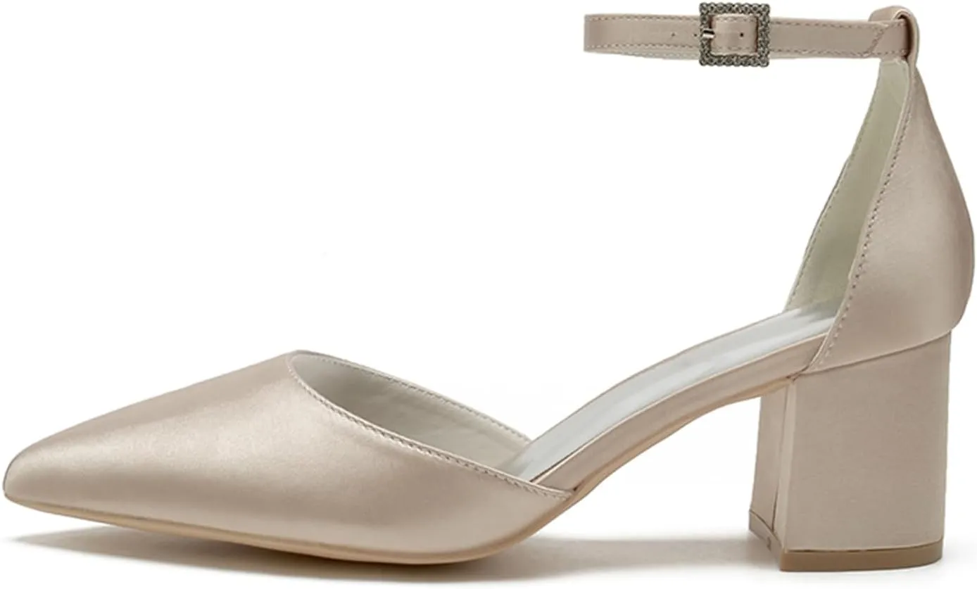 Women's Block Heels Satin Bridal Wedding Shoes CG2102-01 Pointed Toe Ankle Strap Court Shoes 2.36in/6cm