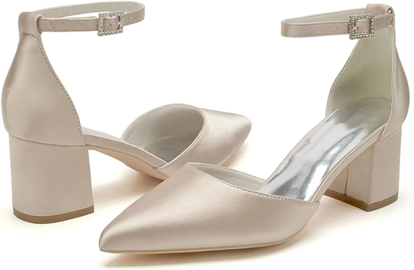 Women's Block Heels Satin Bridal Wedding Shoes CG2102-01 Pointed Toe Ankle Strap Court Shoes 2.36in/6cm