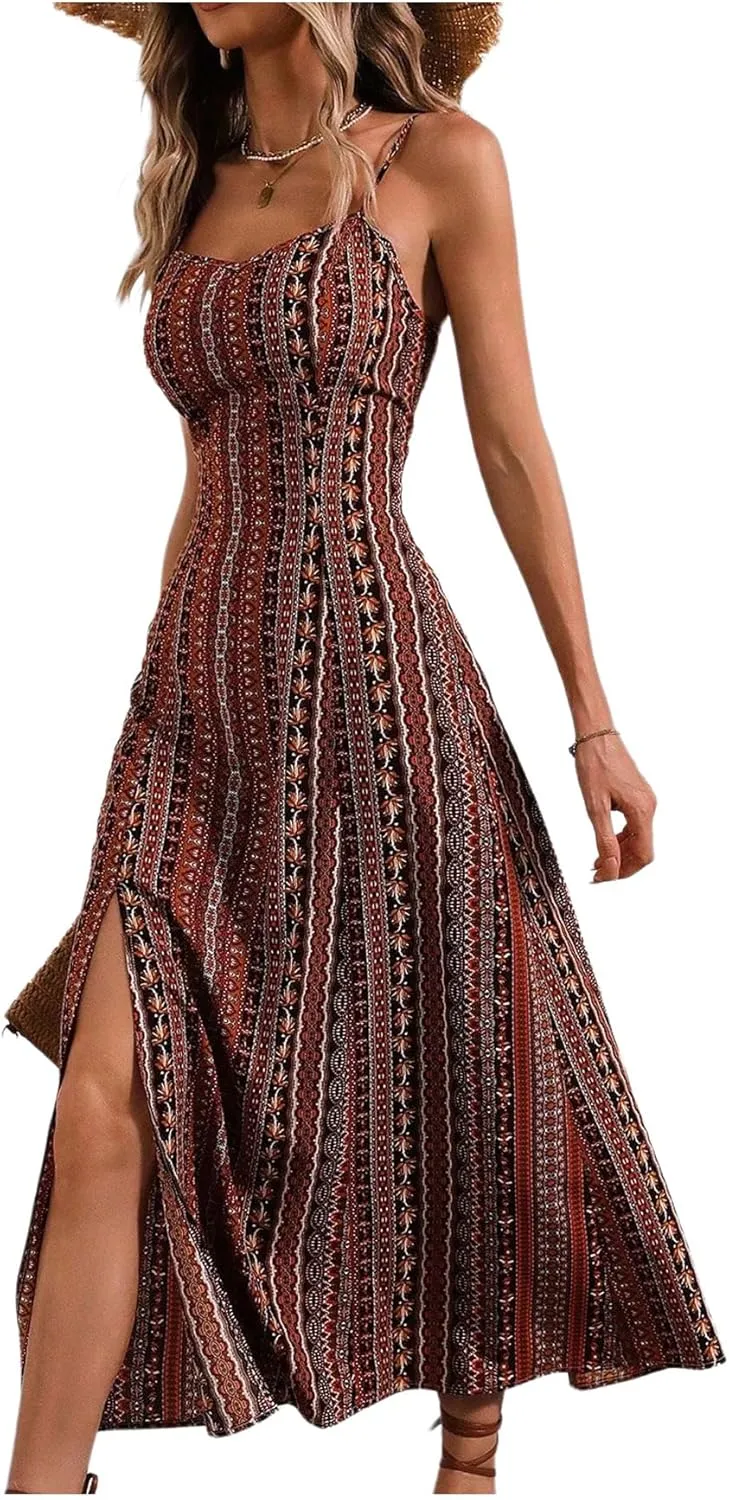 Women's Boho Split Thigh Vacation Midi Dress Spaghetti Strap Slim Fit Cami Slip Dresses