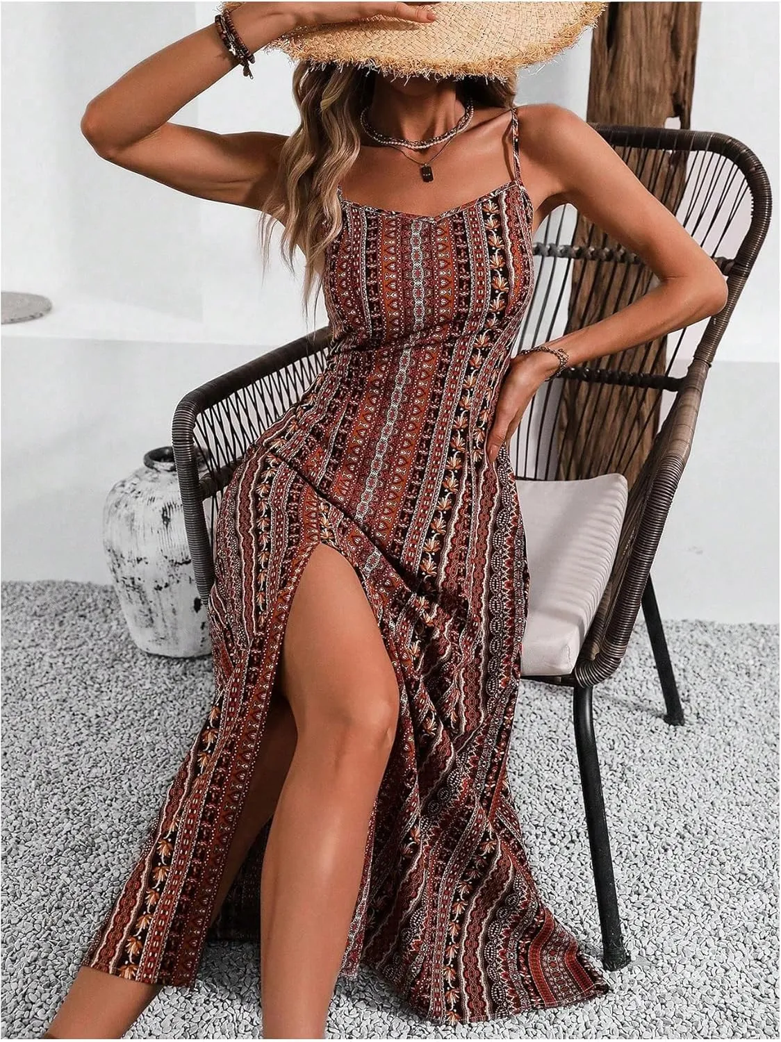 Women's Boho Split Thigh Vacation Midi Dress Spaghetti Strap Slim Fit Cami Slip Dresses