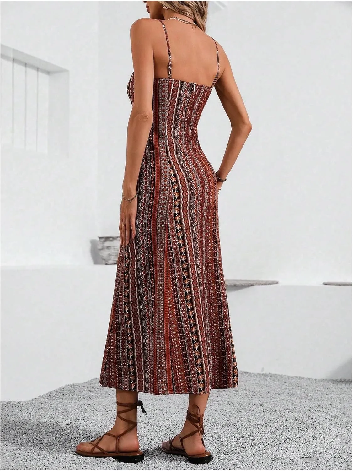 Women's Boho Split Thigh Vacation Midi Dress Spaghetti Strap Slim Fit Cami Slip Dresses