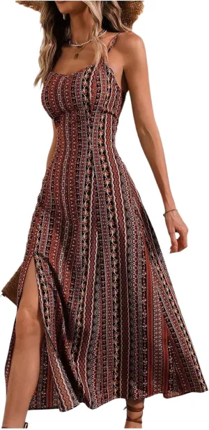 Women's Boho Split Thigh Vacation Midi Dress Spaghetti Strap Slim Fit Cami Slip Dresses
