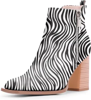 Women's Chunky High Heel Ankle Boots Side Zipper Square Toe Dress Booties